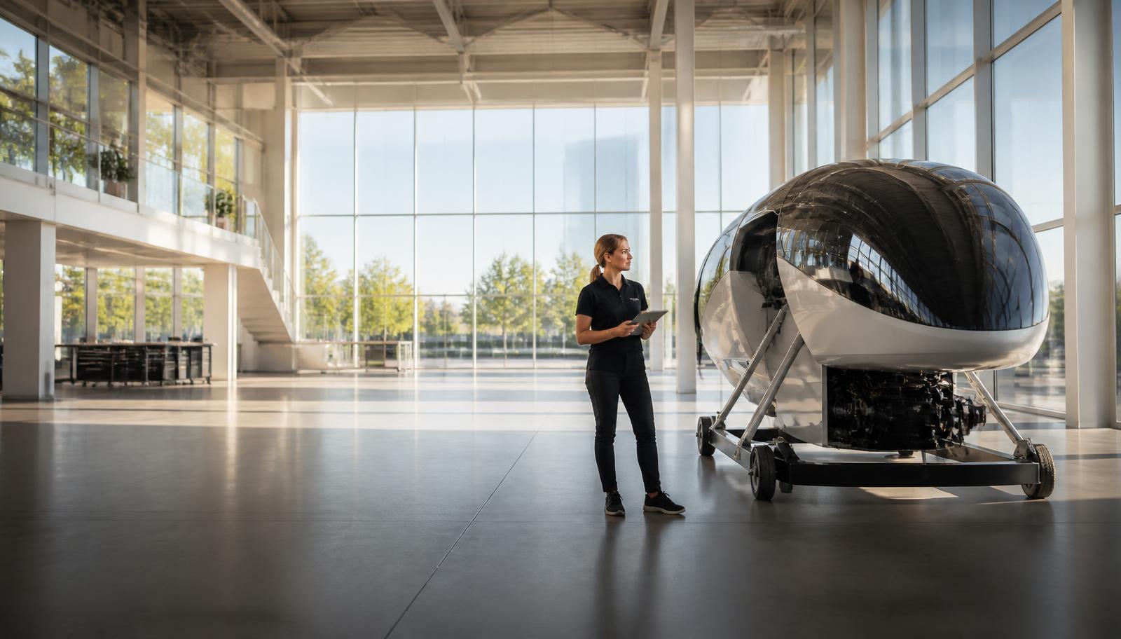 Engineer in a large hall at night, standing before a prototype in a single beam of light